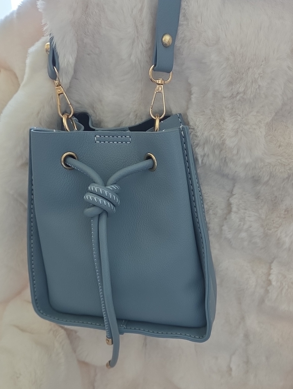Blue Drawstring Crossbody Bag - Minimal Bucket